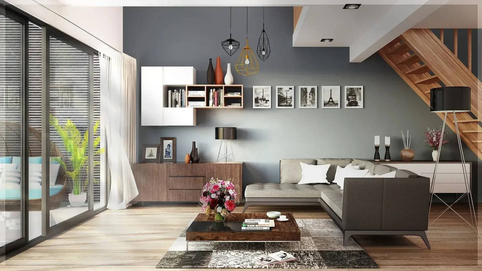 Realizacja — apartament, salon z otwartą kuchnią